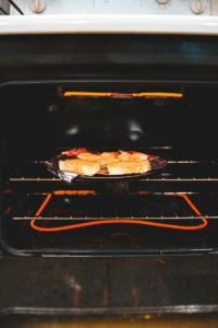 brown and white bread on black pan